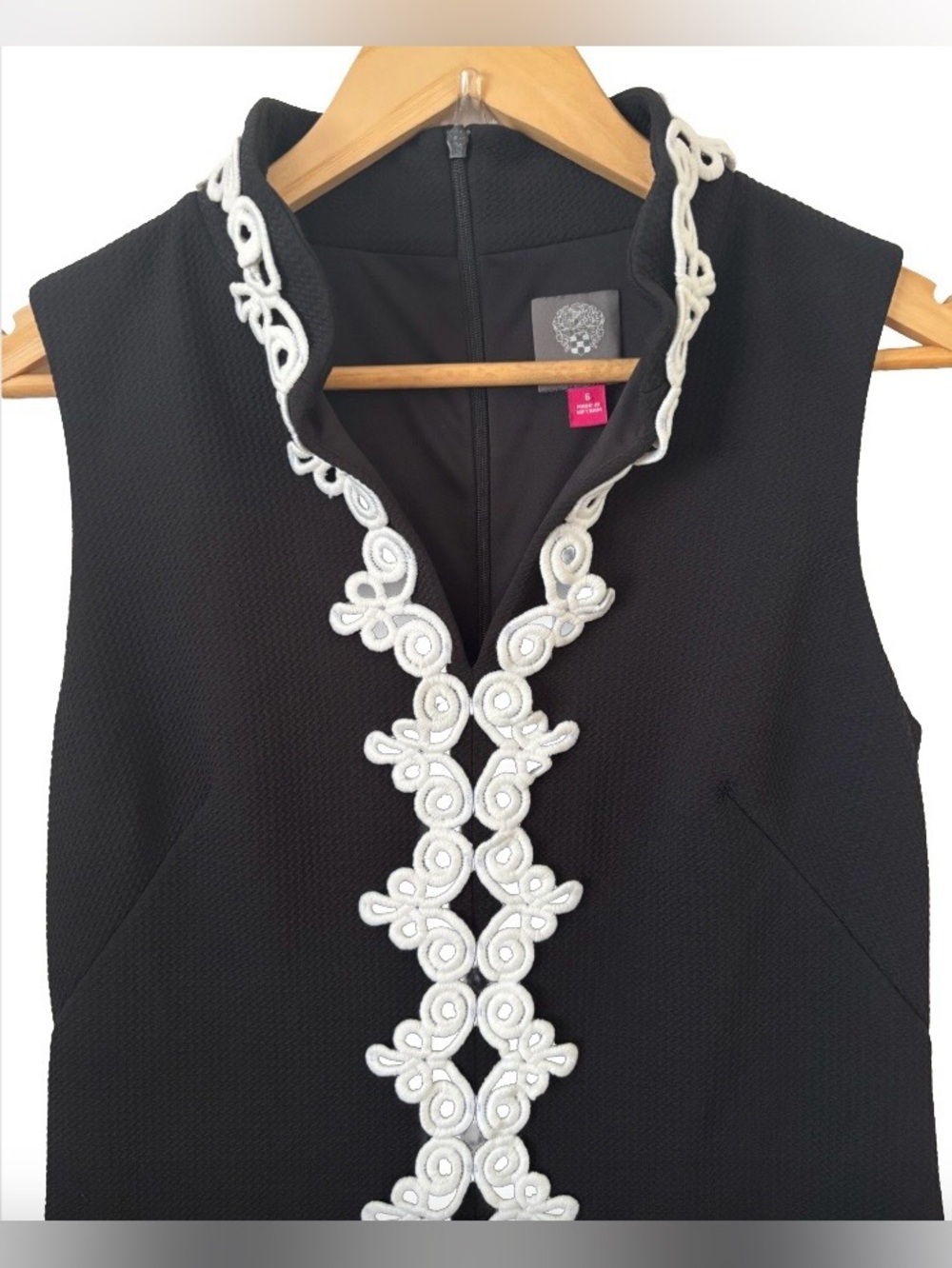 Vince Camuto blk pique knt slvlss sheath drss w wht trm SZ 6 old money Classic - Picture 4 of 8